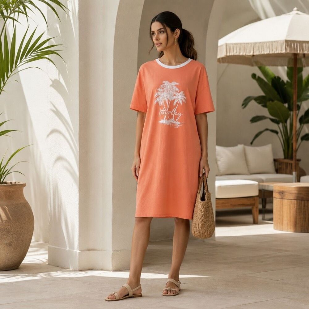 Hurley Women’s Ringer T-Shirt Dress Small Melon Palm Graphic Cotton Blend NWT